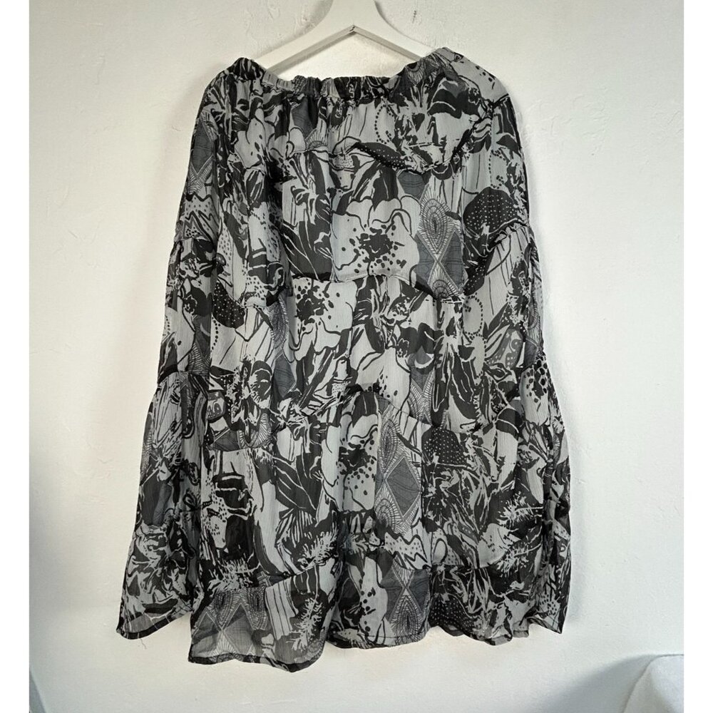 Passports Womens Black & Gray Floral Print Tiered Midi Skirt Large Pull-On Boho